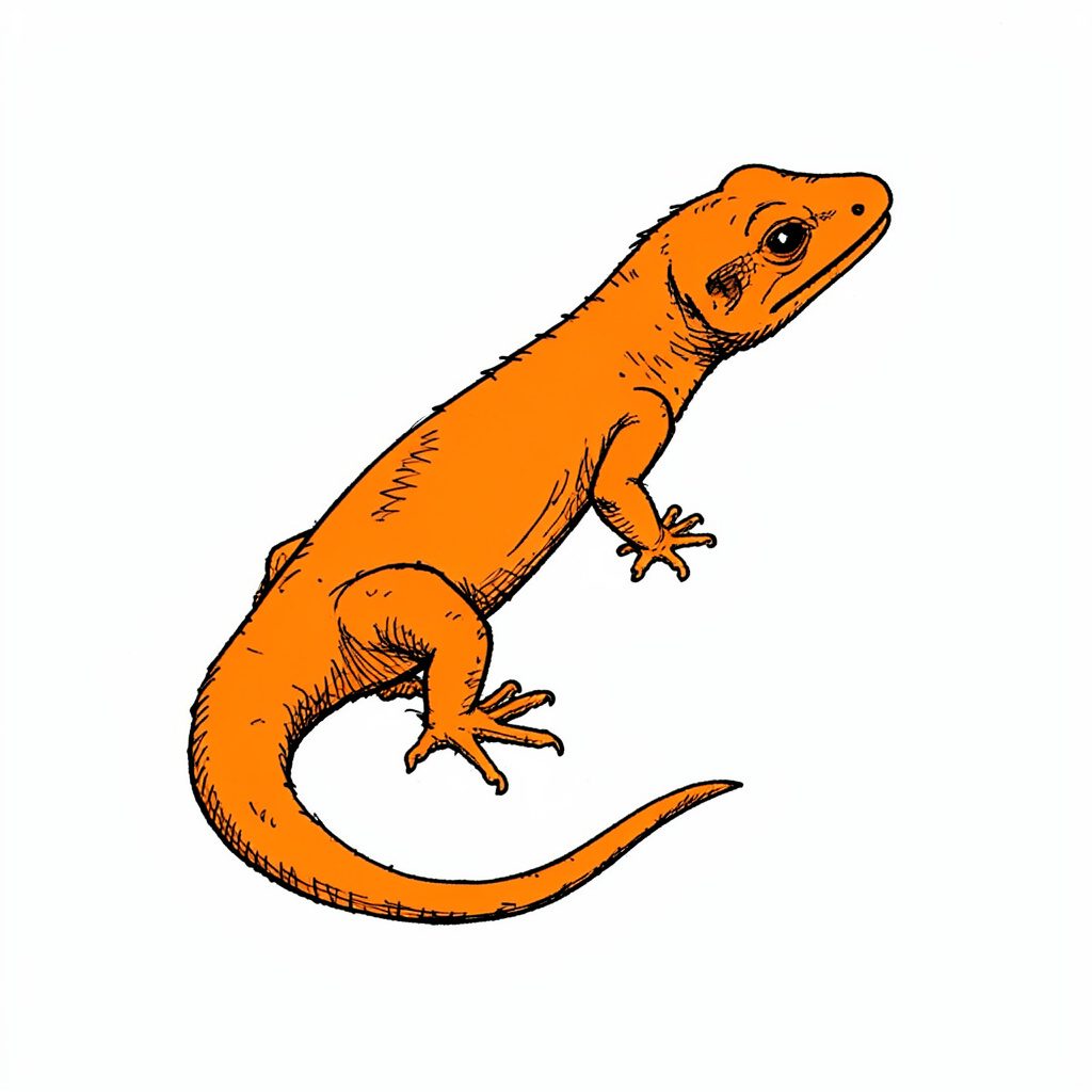 Hand-drawn ink sketch of a small lizard on a branch in warm sandy beige and muted violet.